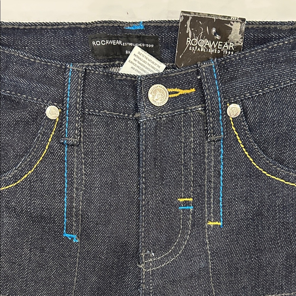 Rocawear Dark Denim Jeans with Yellow and Blue Stitching - Picture 3 of 12